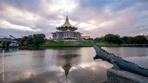 SARAWAK - JUNE 27: A 4K footage of beautiful sunrise with the background view of Sarawak State Legislative Assembly and Waterfront on June 27, 2017 in Sarawak.