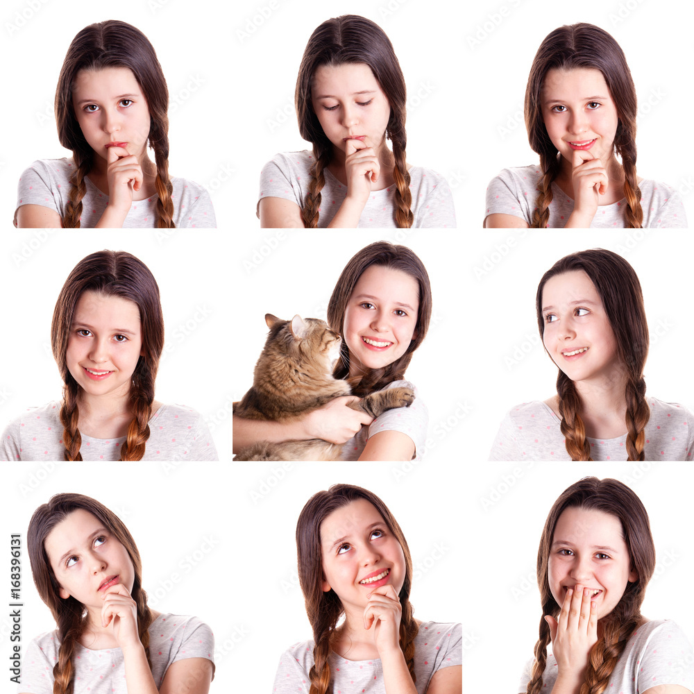 Collage with young teenager girl with different emotions and facial expressions over the white background Collage with young teenager girl with different emotions and facial expressions over the white background