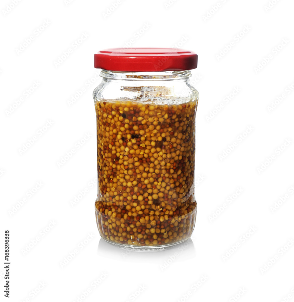 Glass jar of french mustard on white background Glass jar of french mustard on white background