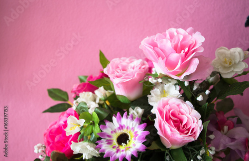 Pink roses flowers on pink background