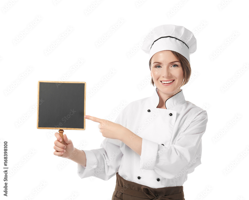 Female chef with blank board on white background Female chef with blank board on white background
