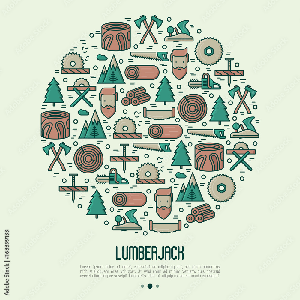 Logging and lumberjack with beard concept in circle and related thin ...