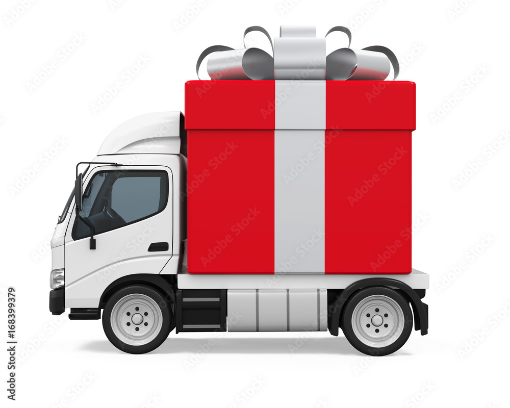 Delivery Van with Gift Box Isolated Delivery Van with Gift Box Isolated