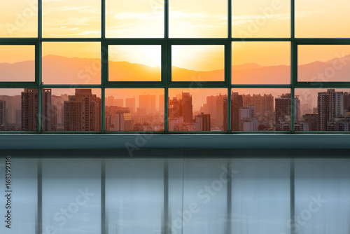 blank studio with cityscape background