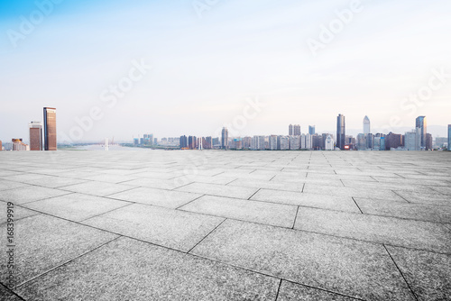 cityscape and skyline of hangzhou new city from brick floor