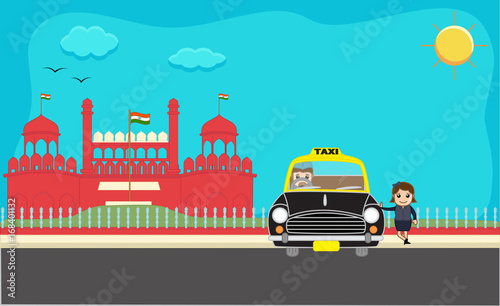 Cartoon Girl Standing with Taxi in front of Red Fort