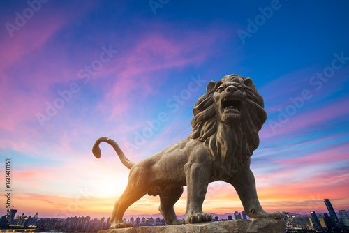 Traditional Chinese stone lions, Bund in Shanghai before the old building.