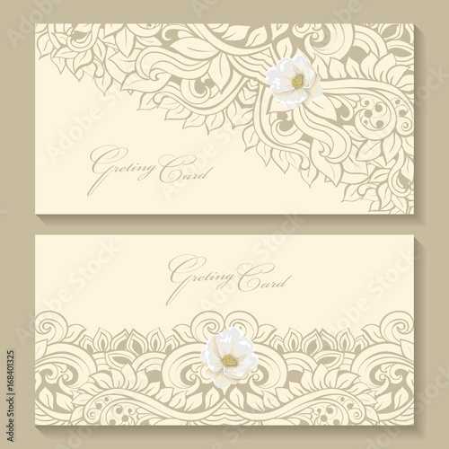 set invitation card with lace decoration for wedding  birthday  Valentine s day and other holidays. Template vector frame. 