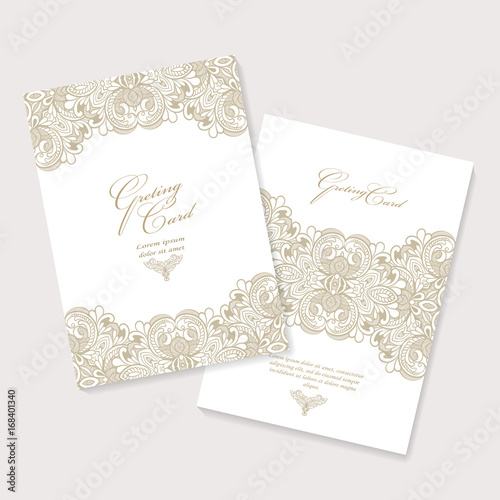 set invitation card with lace decoration for wedding, birthday, Valentine's day and other holidays. Template vector frame. 