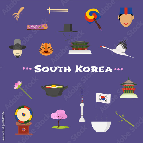 Visit South Korea vector icons set, cliparts