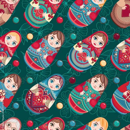 Russian souvenir. Matryoshka - babushka doll. Seamless pattern. Vector