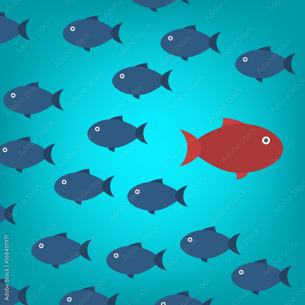 Fototapeta premium Think differently -One red unique different fish swimming opposite way of identical blue ones. Courage, confidence, success, crowd and creativity concept. EPS 10 vector illustration.