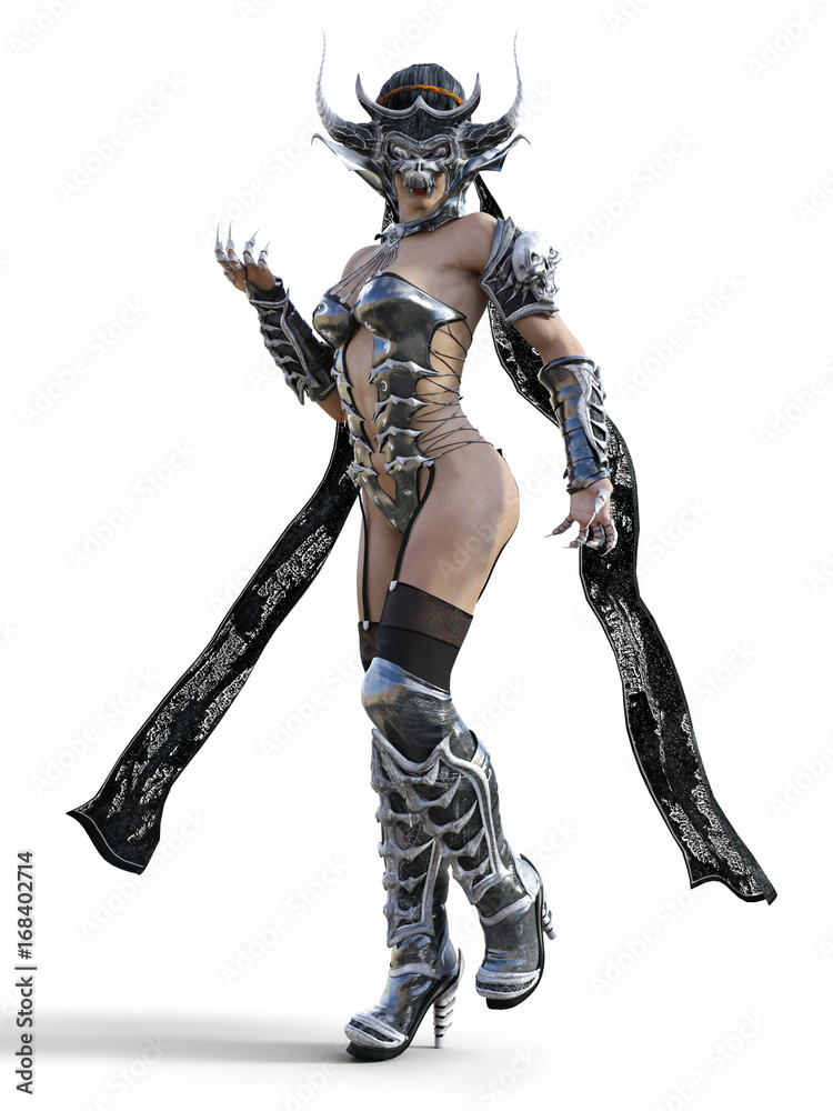 Evil sorceress mask horns. Gothic warrior woman. Magical protective armor. Muscular athletic body. Realistic 3D rendering isolate illustration. Hi key. Evil sorceress mask horns. Gothic warrior woman. Magical protective armor. Muscular athletic body. Realistic 3D rendering isolate illustration. Hi key.