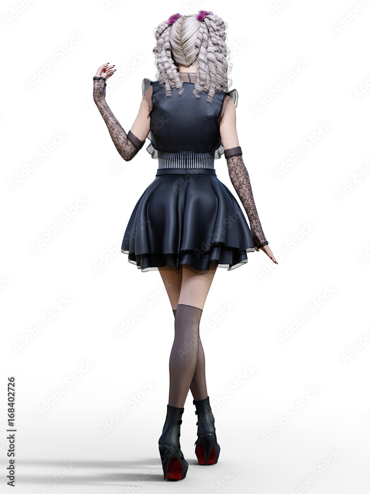 Beautiful young goth woman posing photo shoot. Short black dress, dark stockings, shoes. Long blonde hair. Bright gothic make up. Conceptual fashion art. Realistic 3D render illustration. Beautiful young goth woman posing photo shoot. Short black dress, dark stockings, shoes. Long blonde hair. Bright gothic make up. Conceptual fashion art. Realistic 3D render illustration.