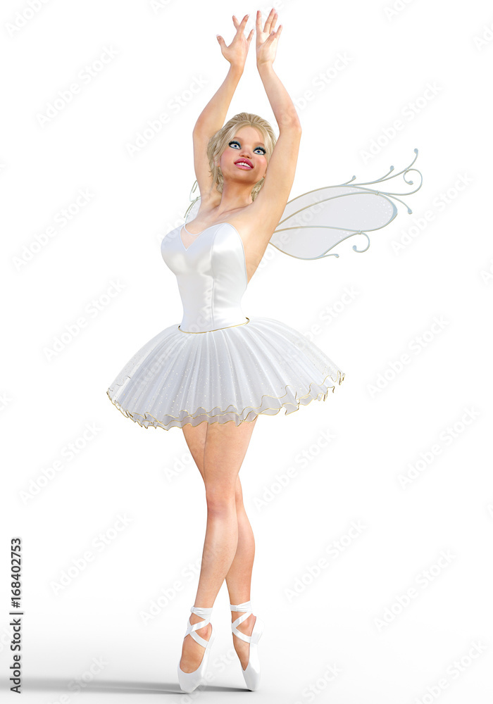 Naklejka premium 3D ballerina with wings. Forest Fairy. Butterfly. White ballet tutu. Blonde girl with blue eyes. Ballet dancer. Studio photography. High key. Conceptual fashion art. Render illustration.
