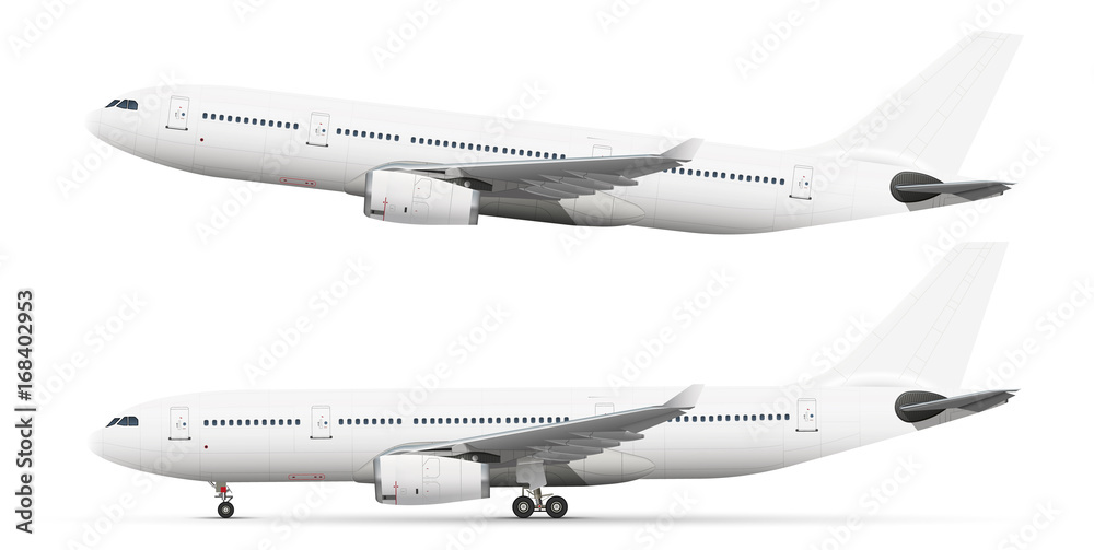 White plane taking off and standing on the chassis against a white background