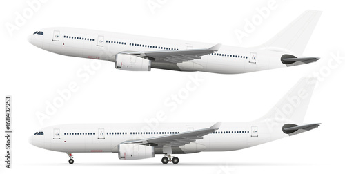 White plane taking off and standing on the chassis against a white background photo