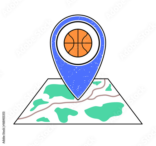 Textured blue geotag icon with basketball symbol pointing at a map.GPS navigation.Mobile device, smartphone app, website vector illustration.Team sport game sign. Basketball court location on a plan