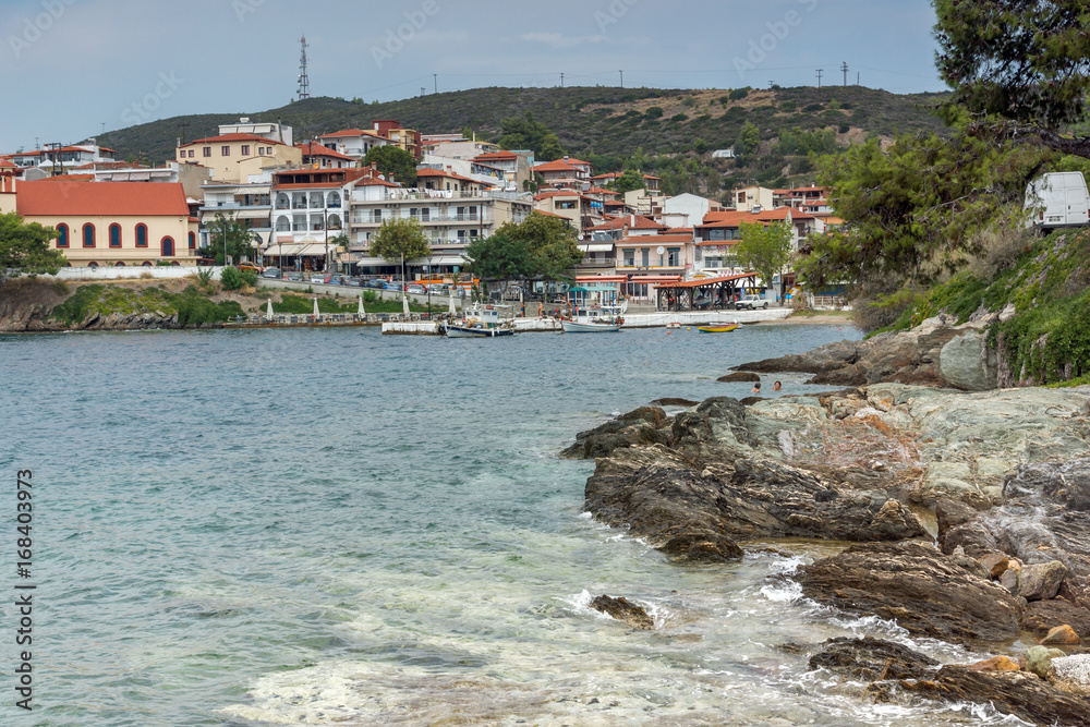 Panoramic view of coastline of town of Neos Marmaras at Sithonia peninsula, Chalkidiki, Central Macedonia, Greece