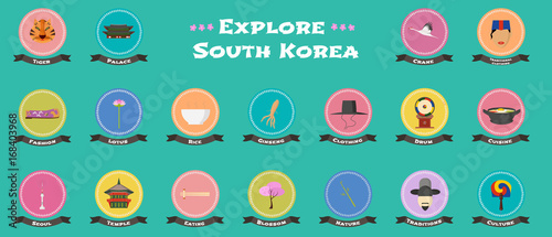 Set of icons with Korean landmarks, objects, architecture in vector