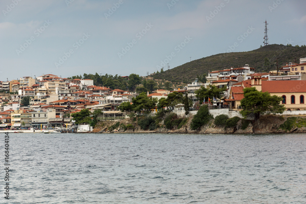 Panoramic view of coastline of town of Neos Marmaras at Sithonia peninsula, Chalkidiki, Central Macedonia, Greece