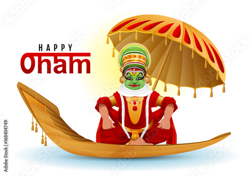 Happy Onam greeting card. Hindu festival of Kerala in India. Mahabali king returns swimming on boat photo