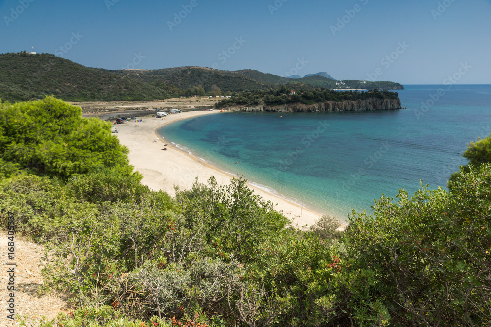 Panoramic view of Azapiko Beach at Sithonia peninsula, Chalkidiki, Central Macedonia, Greece