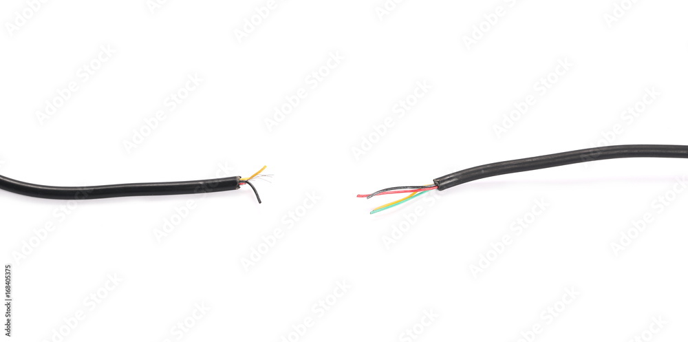 Black damaged, cut cable isolated on white background Black damaged, cut cable isolated on white background