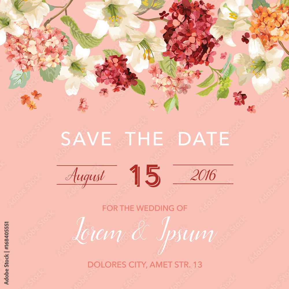 Save the Date Autumn and Summer Floral Card in Watercolor Style. Vector Vintage Hortensia Flowers Save the Date Autumn and Summer Floral Card in Watercolor Style. Vector Vintage Hortensia Flowers