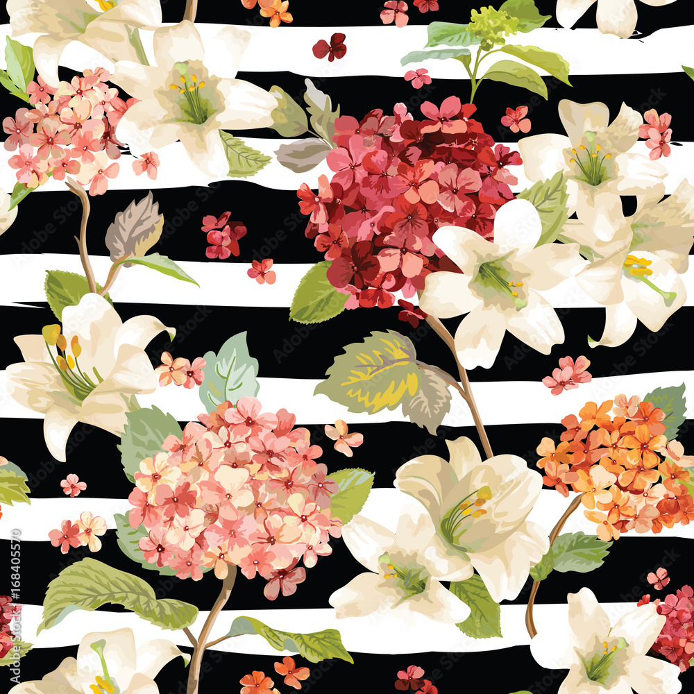 Autumn Hortensia and Lily Flowers Backgrounds. Seamless Floral Shabby Chic  Pattern in vector vector de Stock | Adobe Stock