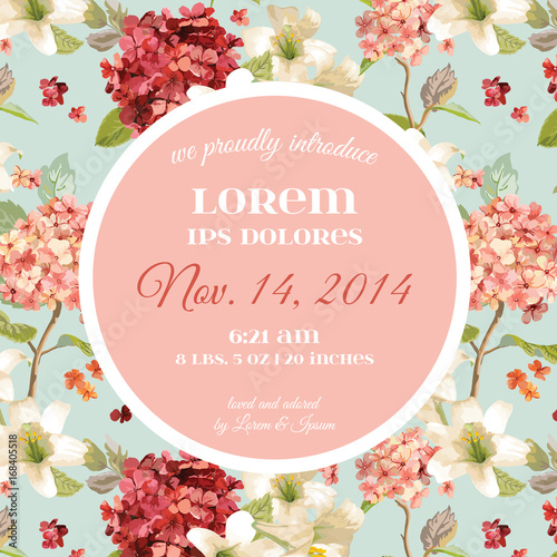 Vector Autumn Vintage Hortensia Flowers. Baby Arrival Floral Card in Watercolor Style.