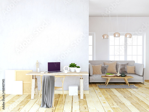 Modern light interior  a place for study  consisting of working Desk  lamp and a laptop. 3D illustration.wall mock up