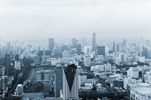 Bangkok cityscape high panorama. High view of buildings, river and traffic.