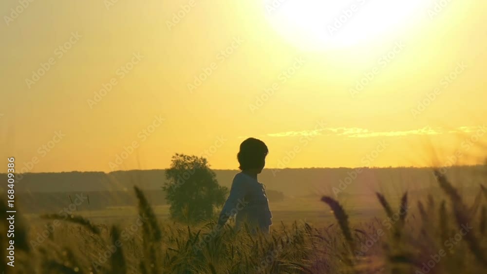 Girl in a white dress is standing in a wheat field on a sunset background. Girl in a white dress is standing in a wheat field on a sunset background.