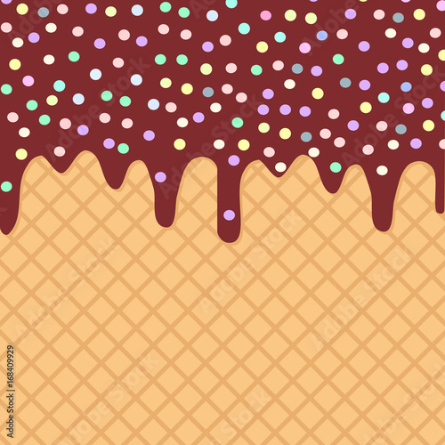 waffles with flowing chocolate sauce and sprinkles background for your text. Sweet texture golden crust dough. Vector