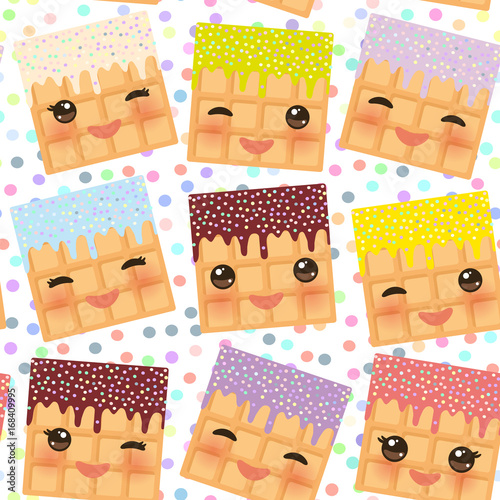 seamless pattern with hearts Kawaii Belgium waffles with pink cheeks and winking eyes, pastel colors polka dot background. Vector