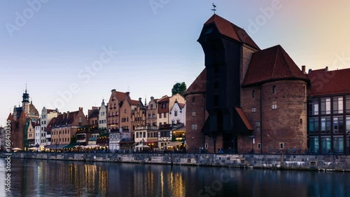 Old Town of Gdansk. Motlawa, after sunset. Time lapse.