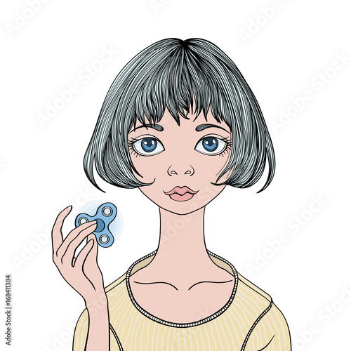 Young cute girl playing with fidget spinner. Hand spinner - popular anti stress toy for school kids and adults. Vector illustration, isolated on white background.