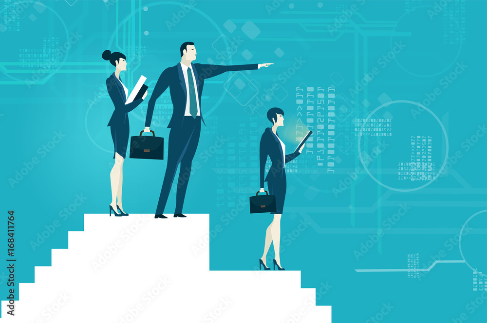 Obraz premium Businesswoman and businessmen on top of the stairs, looking for the business growing charts and diagrams and representing professional success. Business concept illustration. 