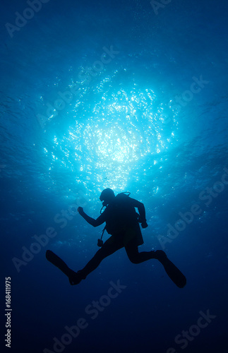 Diver in front of the sun