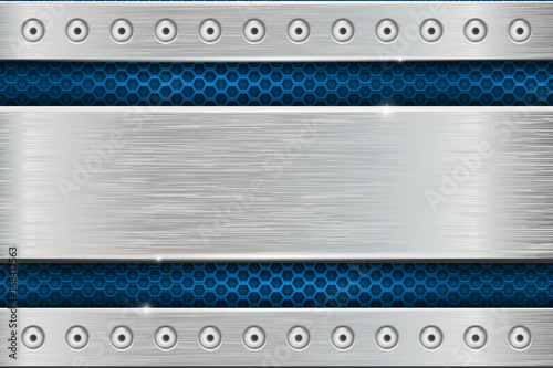 Metal texture with brushed iron plate with rivets and blue perforation