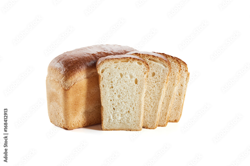 Slices of delicious fresh bread placed near the loaf isolated on white. Slices of delicious fresh bread placed near the loaf isolated on white.