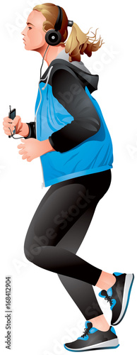 Running Girl, young sportswoman jogging with a Mobile Phone realistic vector illustration