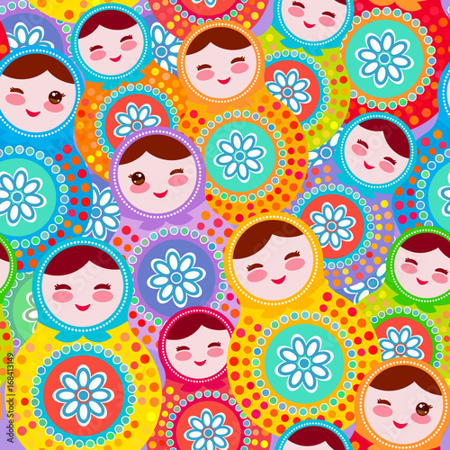 pretty Russian dolls matryoshka, pink blue green colors colorful bright, seamless pattern. Vector