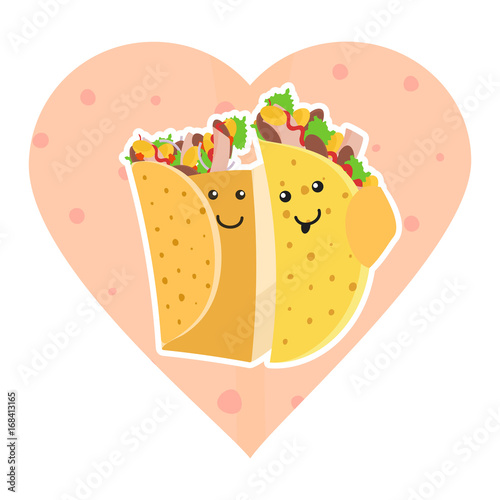 Cute mexican food smiling taco and burrito characters embracing each other on pink heart tortilla background. Cute fast food burritos and tacos love characters embrace each other for cafe, menu design