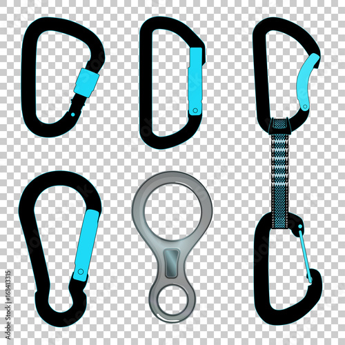 Climbing carabiners set quickdraw and figure eight descender