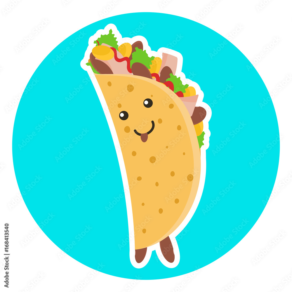 Cute smiling female taco character putting out tongue on blue background.  Nice flirting tacos lady for mexican food advertisement vector de Stock |  Adobe Stock