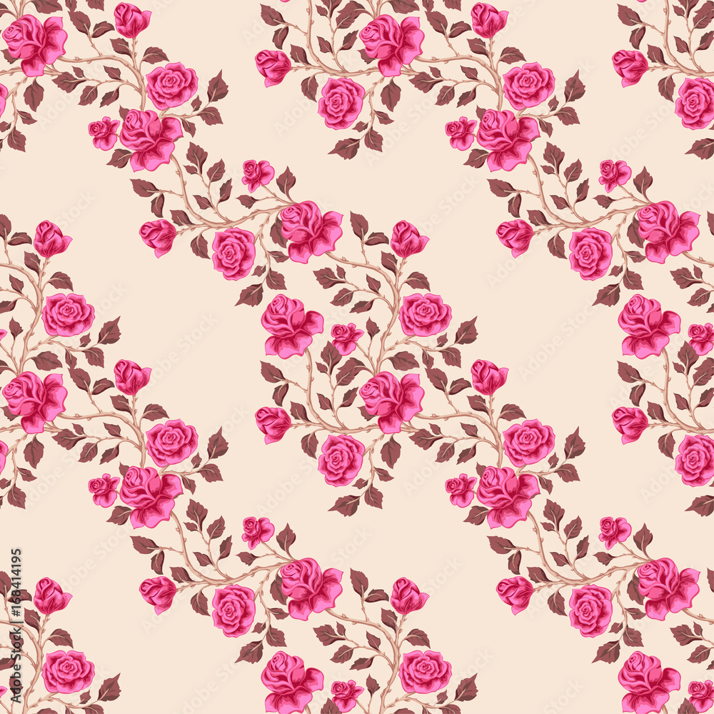 Floral seamless pattern with pink   roses. Diagonal branches with flowers.  illustration  for textile, print, wallpapers, wrapping.