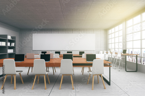 3D Rendering   illustration of Conference room interior. wooden table in cement concrete wall and floor. city view. copy space on screen. e commerce office business concept. internet cafe