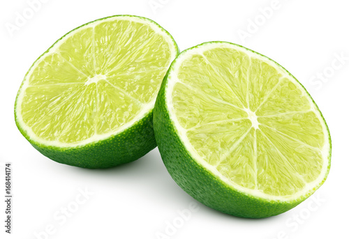 Two halves of green lime citrus fruit isolated on white background. Lime halves with clipping path